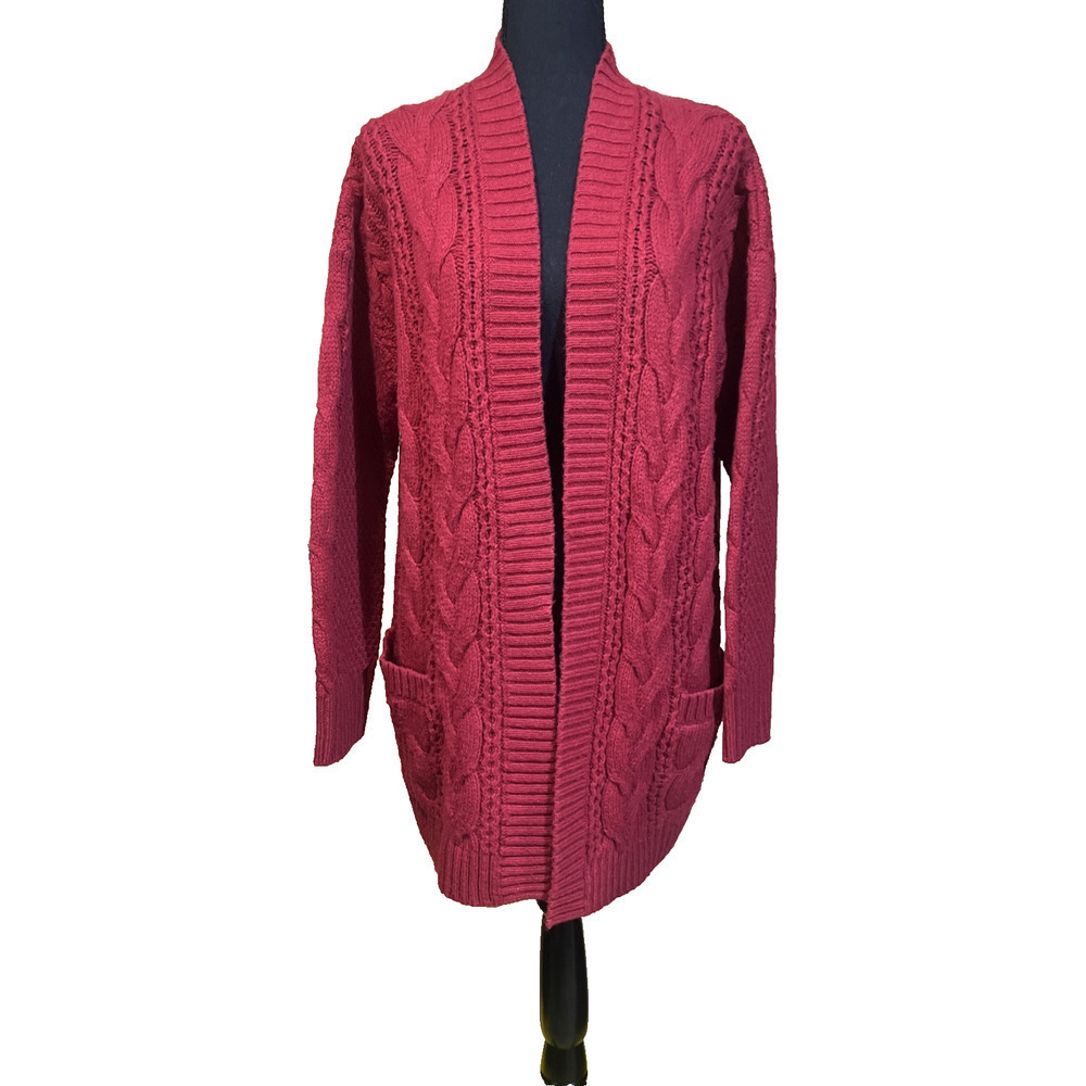 LL Bean Open-Front Cardigan Wool Blend Cable Knit Sweater Red Size L Fisherman